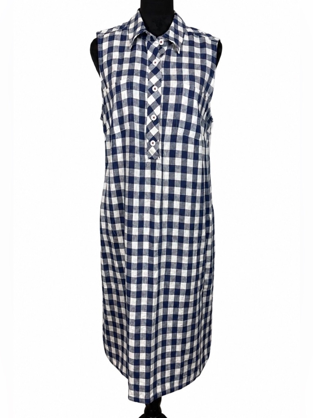 Appleseeds Navy Blue Gingham Checkered Sleeveless Linen Blend Medium Shift Dress